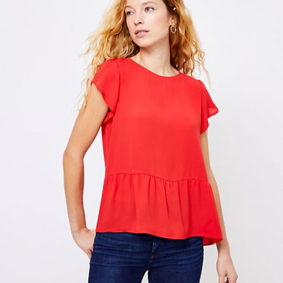 LOFT Tulip Sleeve Peplum Top Red Small - Picture 1 of 11